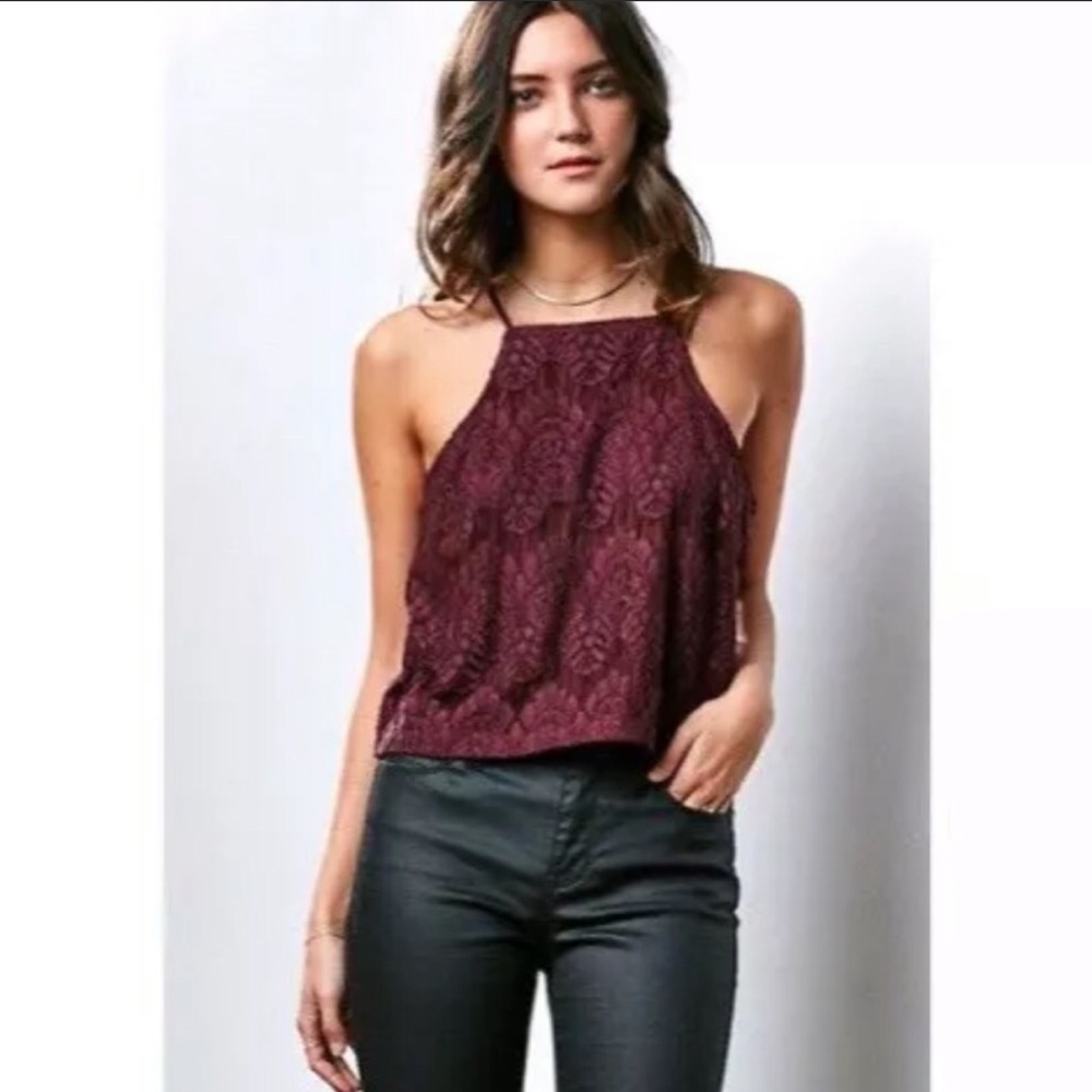 Kendall & Kylie Lace Burgundy Goddess Neck Tank M